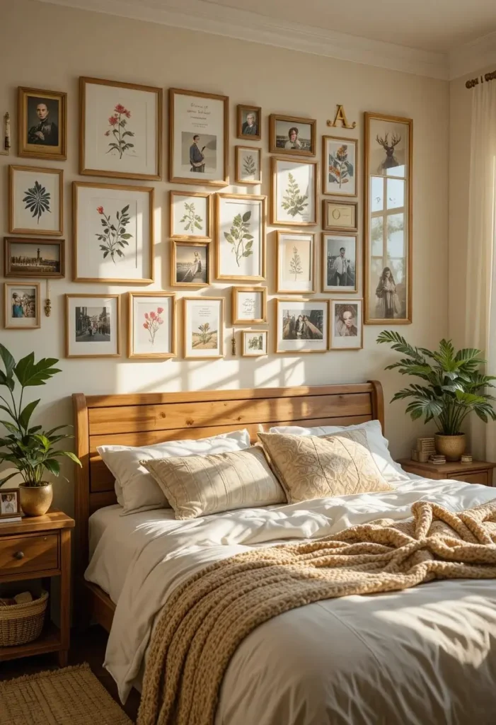 Bedroom gallery wall combining personal photos with beautiful art prints.