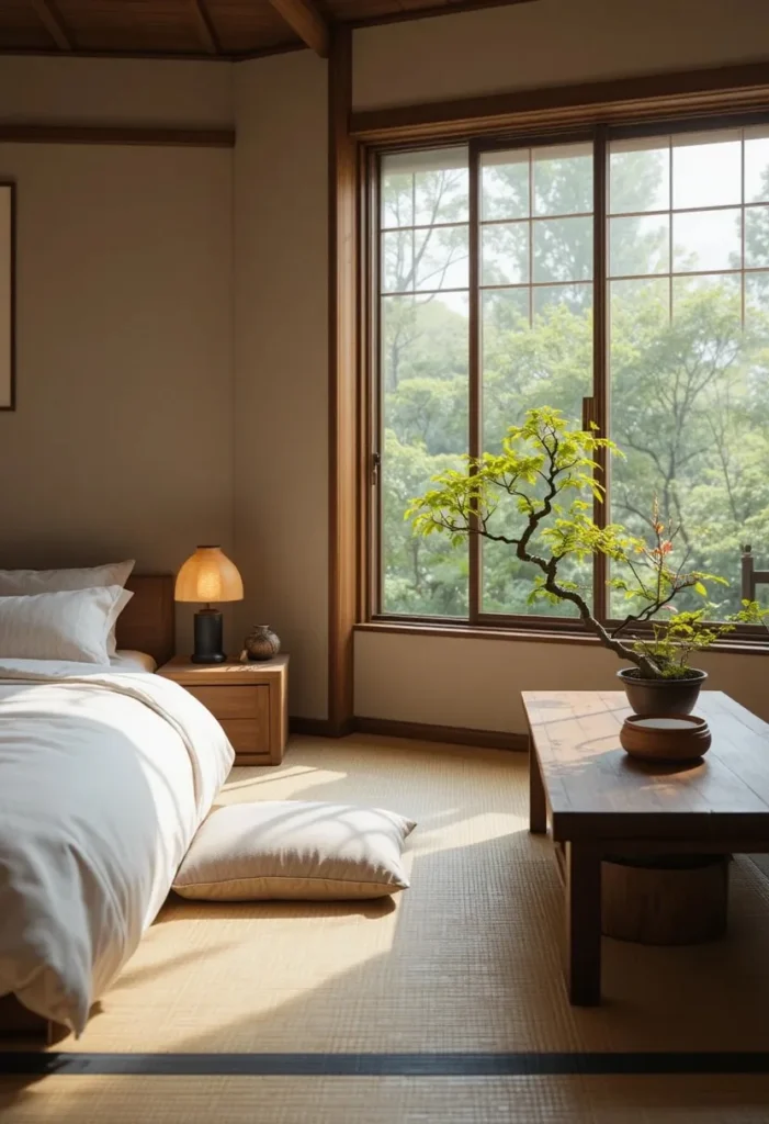 Traditional floor cushions creating a relaxing seating area in a Japanese bedroom.