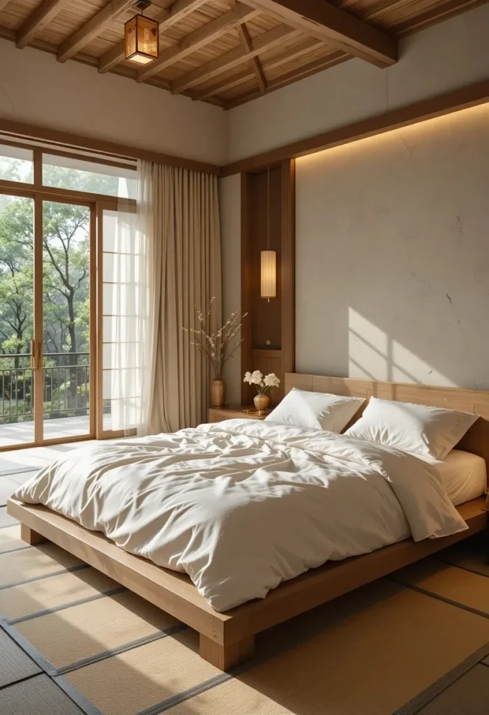 Natural linen bedding bringing effortless comfort to a Japanese bedroom.