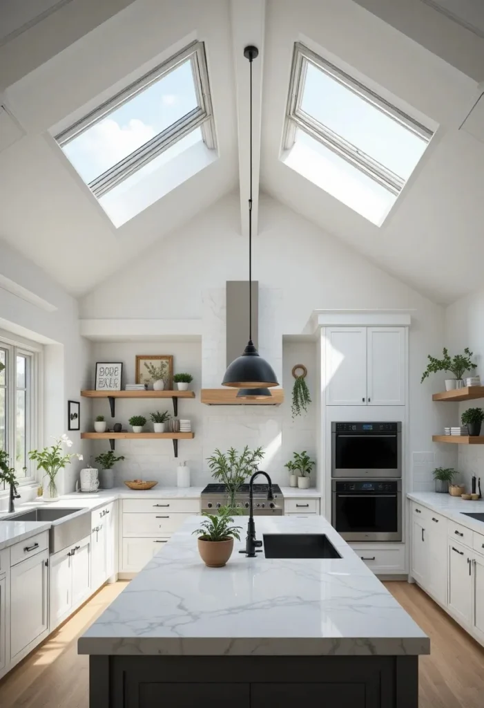 Vaulted ceiling kitchen illuminated by large skylights and natural sunlight.