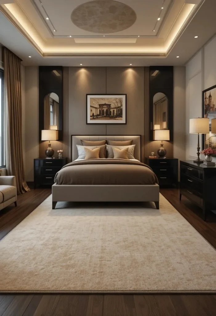 Espresso wood flooring paired with black bedroom furniture for a rich interior.