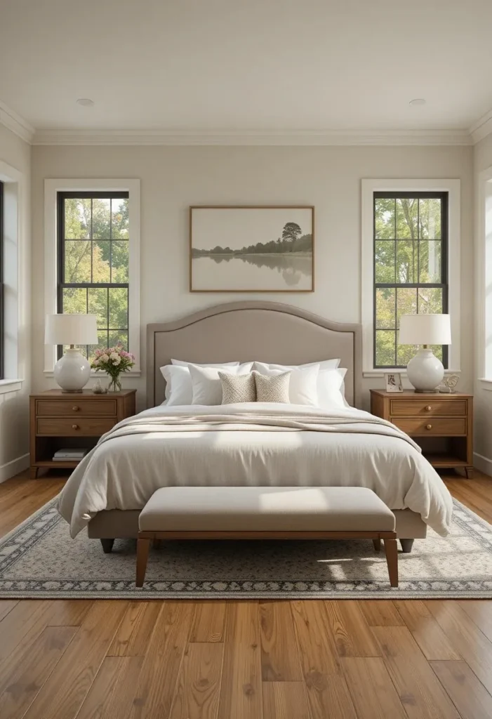 Matching nightstands on both sides of the bed creating a balanced couples bedroom design.