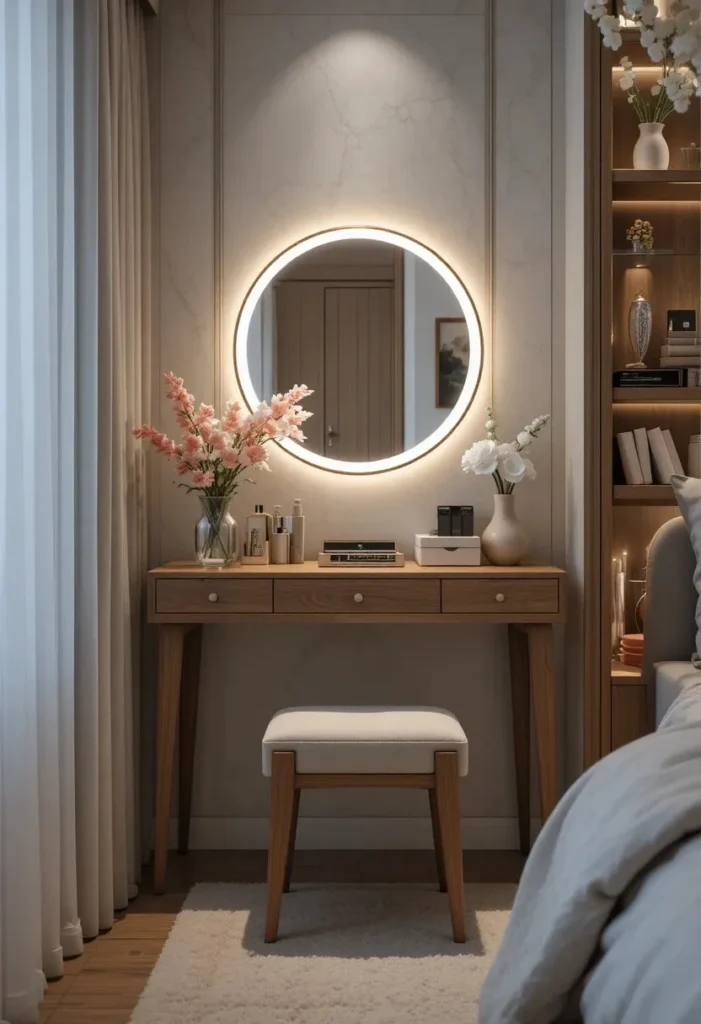 Elegant bedroom vanity corner with a round mirror and soft lighting.