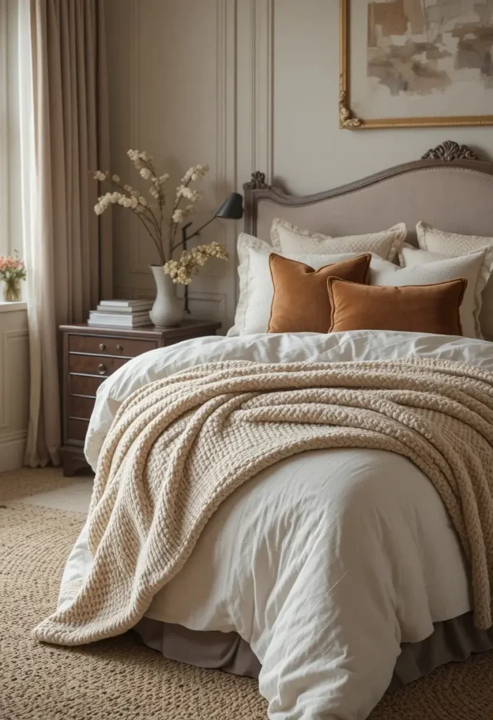 Layered bedding with linen, knit throws, and velvet pillows creating a luxurious bedroom.