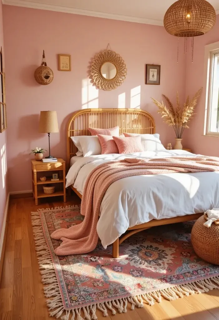 Layered blush and jute rugs bringing warmth to a pink boho bedroom.