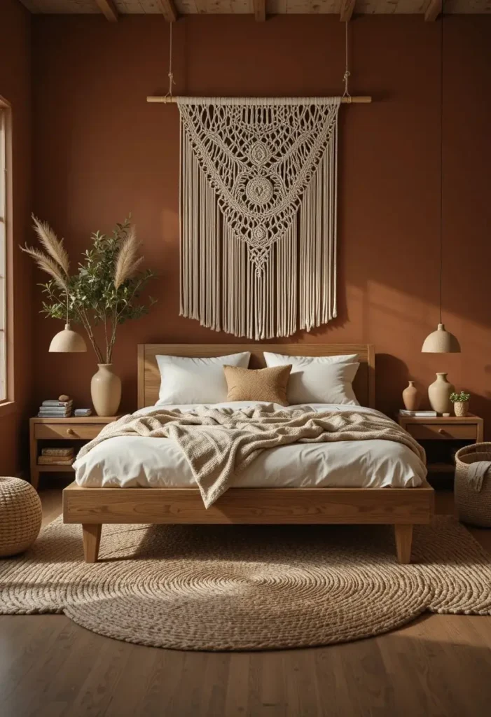 Dark boho bedroom with deep terracotta walls, woven décor, and warm earthy textures.