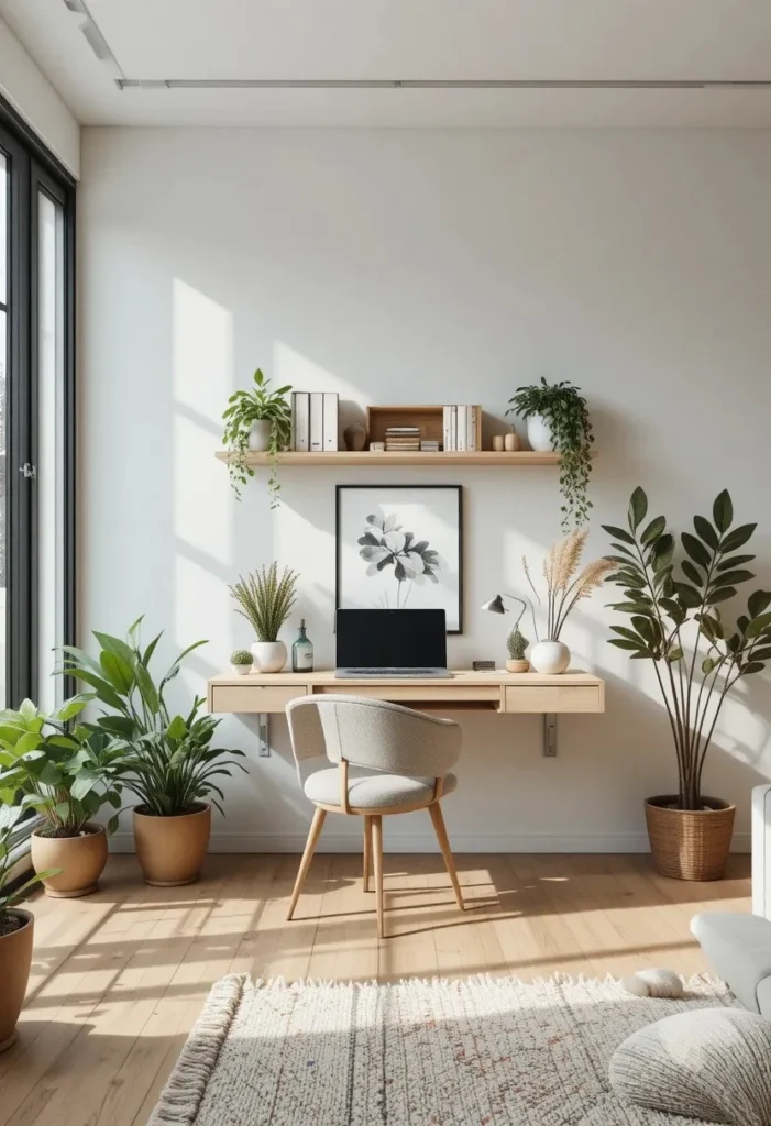 Floating wall-mounted desk saving space in a modern living room.