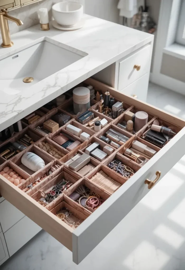 Drawer dividers neatly organizing makeup and bathroom essentials.