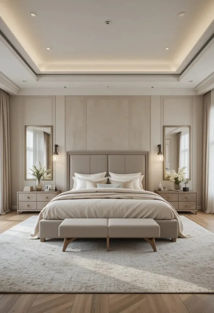 Large king bed providing extra sleeping space in a modern couples bedroom.