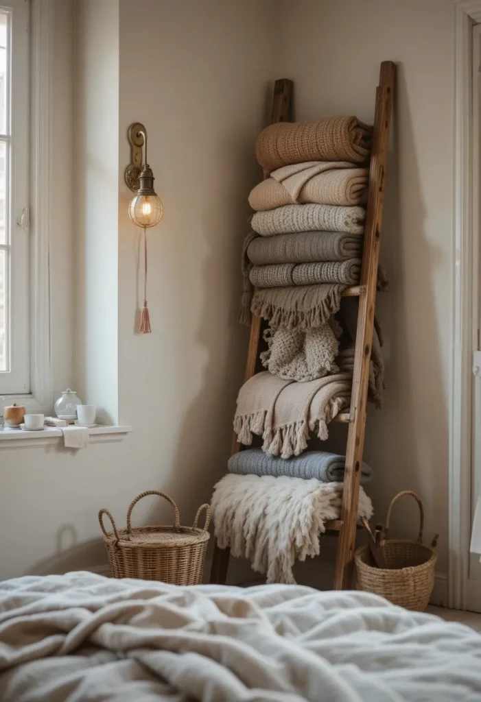Wooden blanket ladder displaying cozy throws in a bedroom corner.