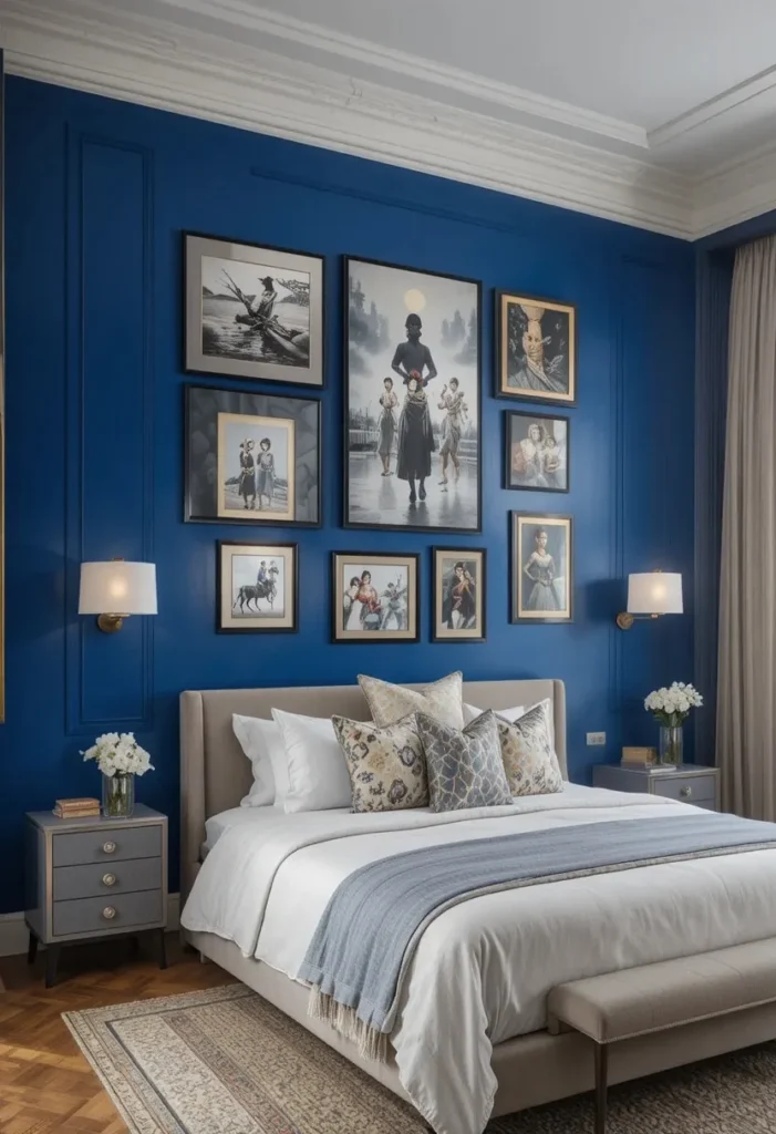 Cobalt blue accent wall decorated with a curated gallery of framed artwork.