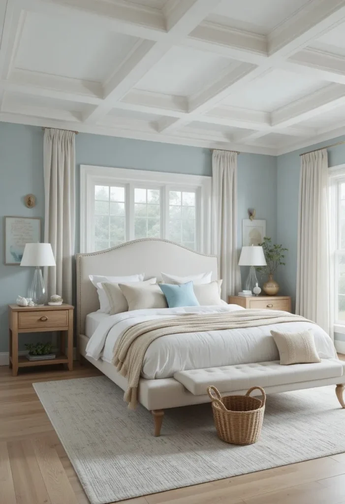 Dusty blue accent wall with crisp white trim creating a fresh and airy bedroom.