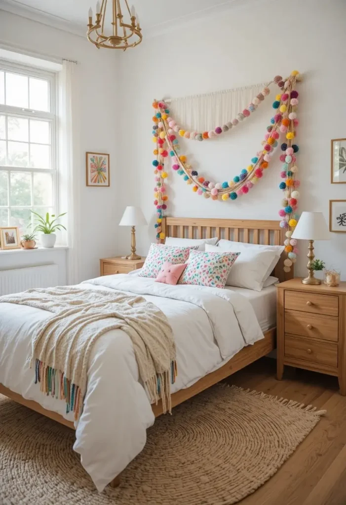 Rainbow pom-pom garland adding whimsical color to a cozy bedroom.