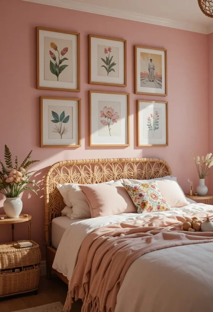 Pink and cream gallery wall bringing personality to a boho bedroom.