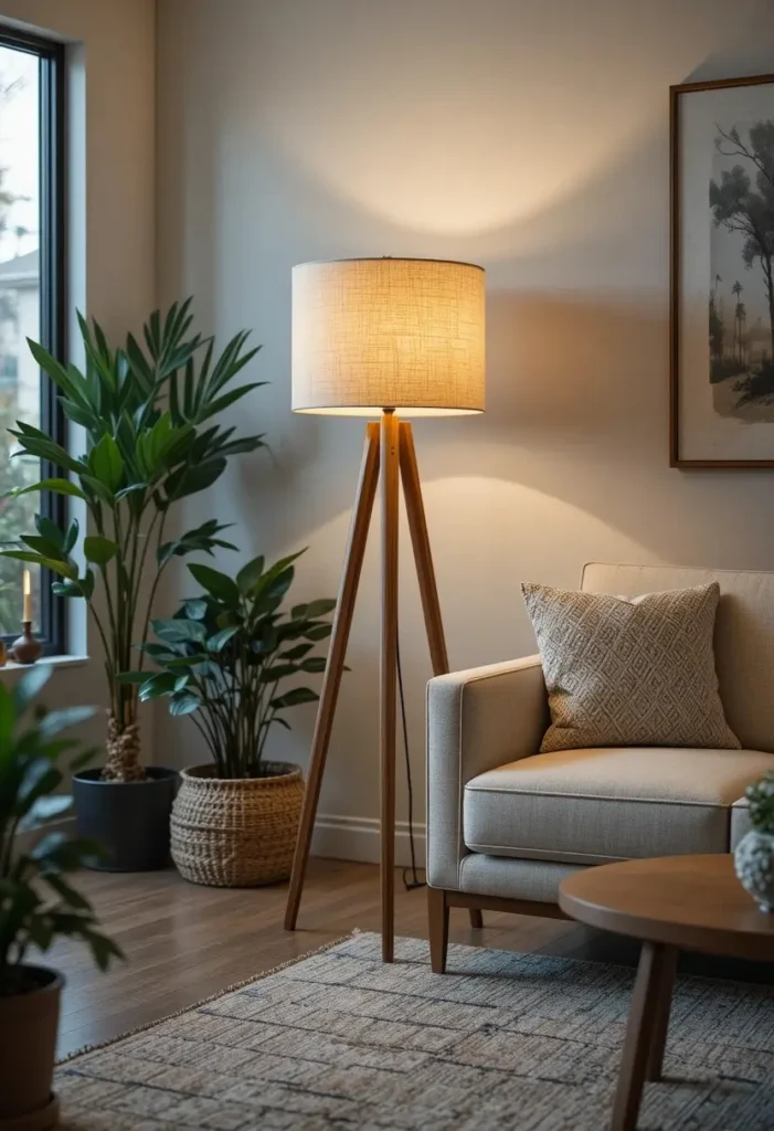 Retro tripod floor lamp adding warm ambient lighting to a mid century living room.