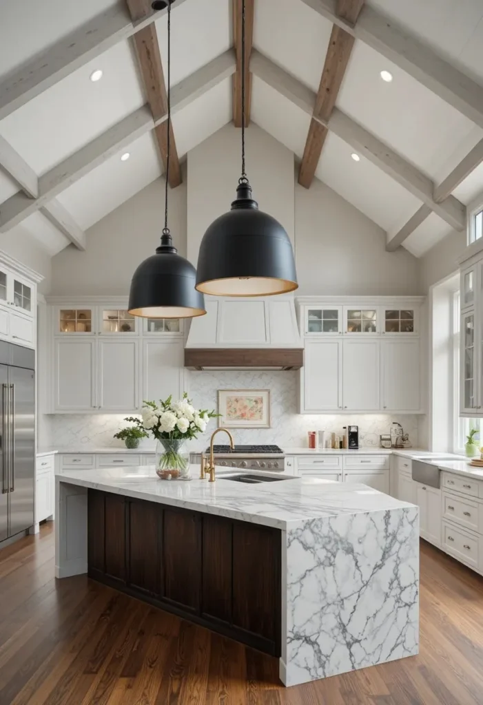 Oversized pendant lights creating a dramatic focal point in a vaulted kitchen.