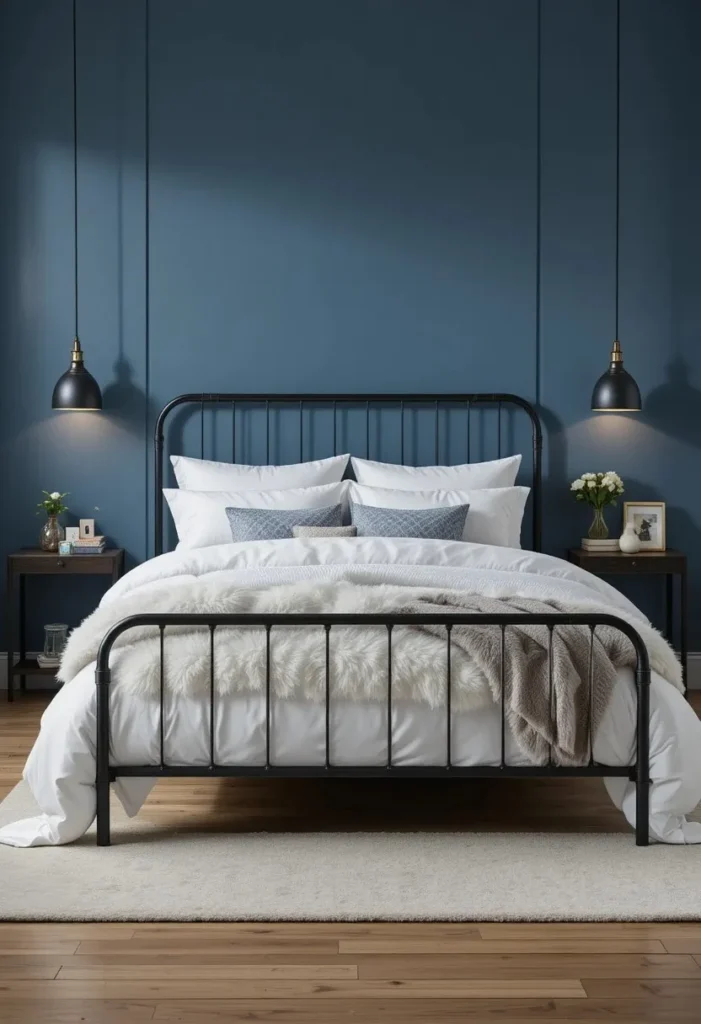 Cornflower blue accent wall paired with a modern black metal bed frame.