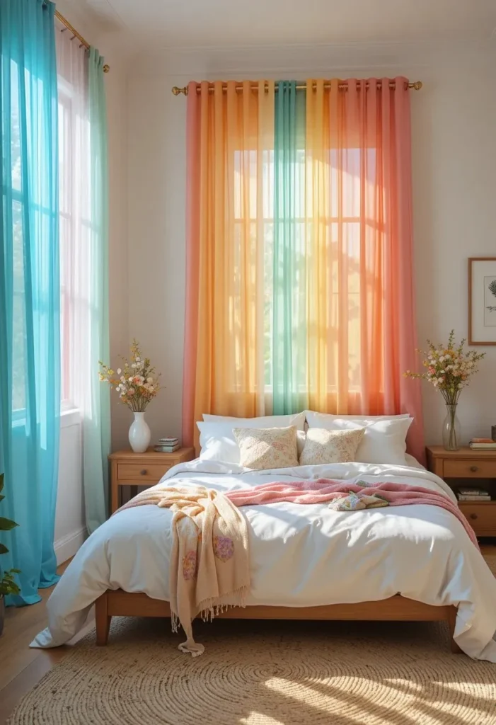 Rainbow curtain panels filling a bedroom with colorful natural light.