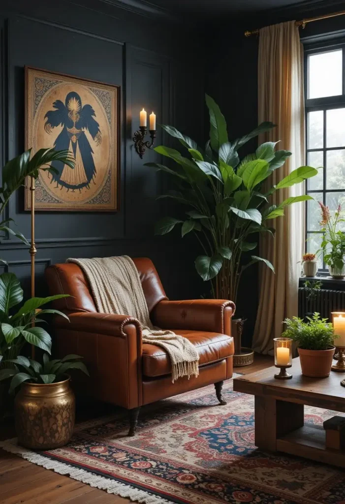Cognac leather accent chair adding timeless character to a dark boho living room.