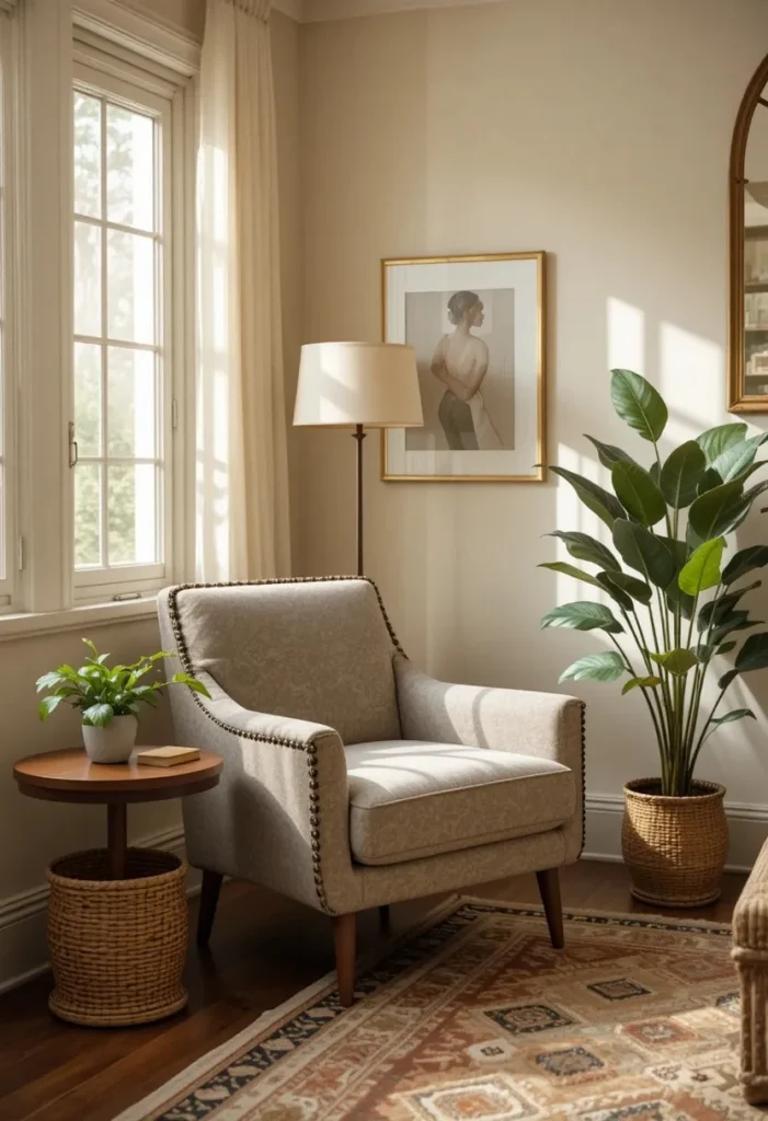 Organic-shaped accent chair creating a cozy reading nook in a mid century living room.