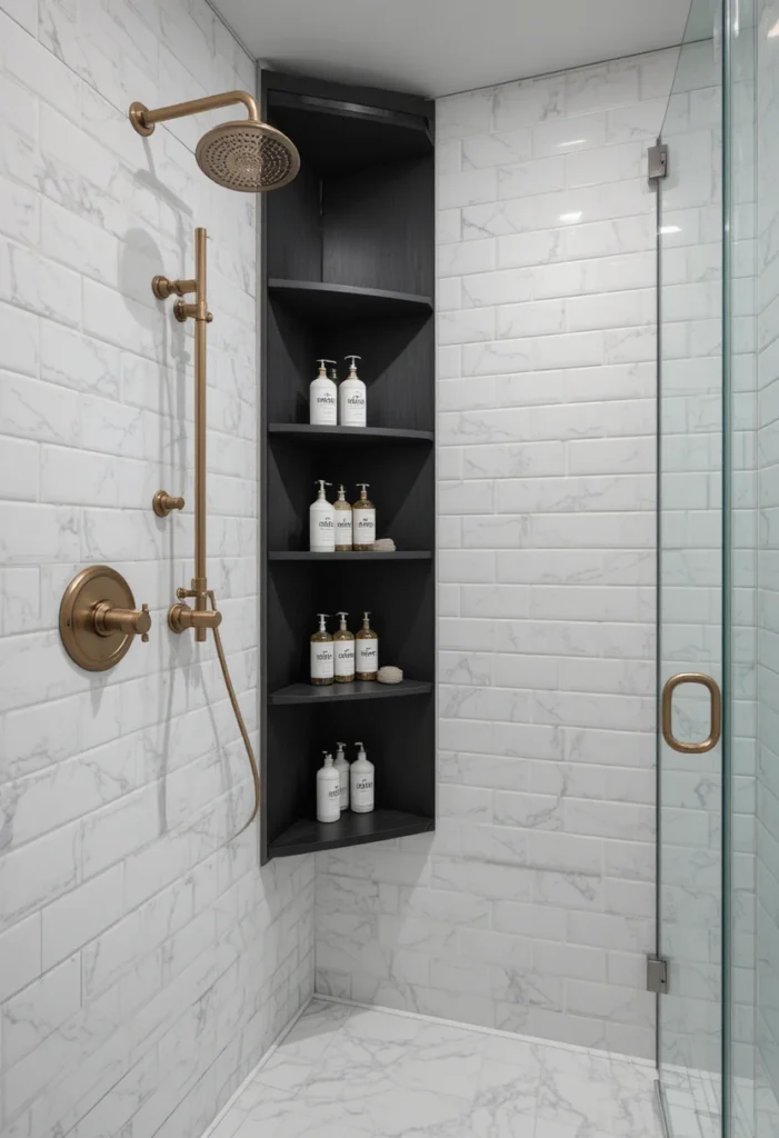 Corner shower shelves keeping toiletries neatly organized.