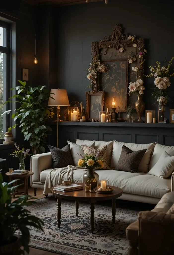 Warm amber lighting creating an inviting atmosphere in a dark boho living room.