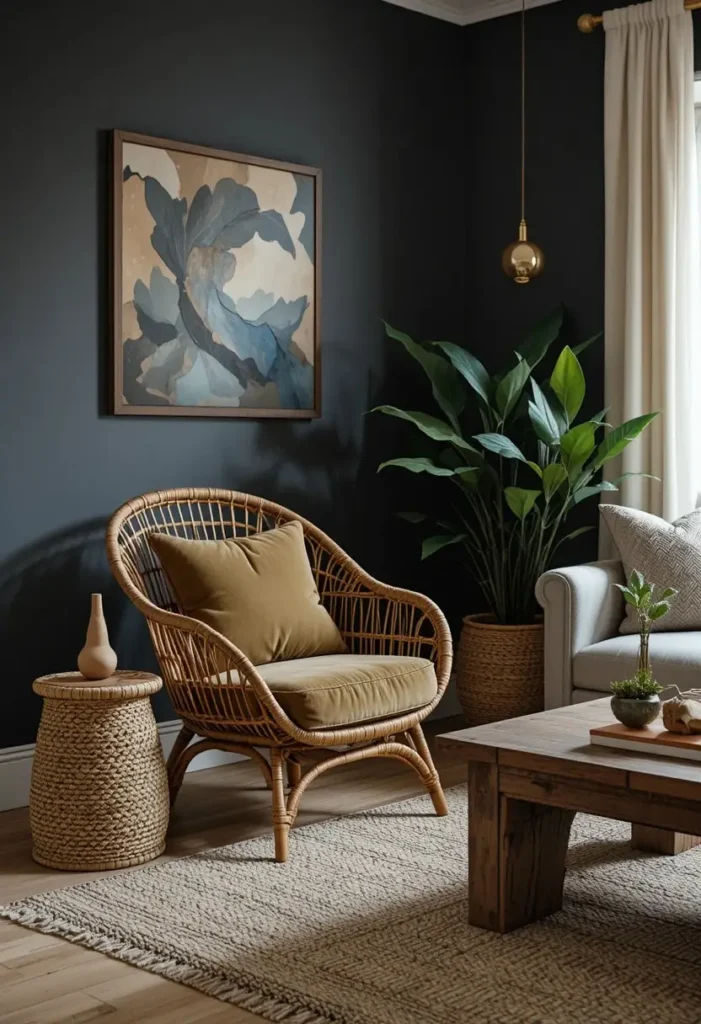 Rattan furniture softening the rich tones of a dark boho living room.