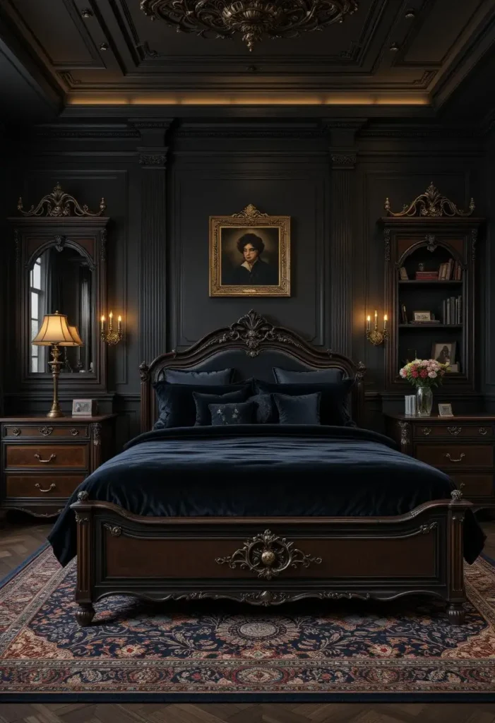 Dark wood furniture creating warmth in a vampire-inspired bedroom.